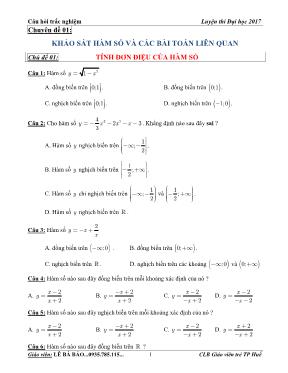 Câu hỏi trắc nghiệm luyện thi Đại học 2017 - Khảo sát hàm số và các bài toán liên quan - Lê Bá Bảo